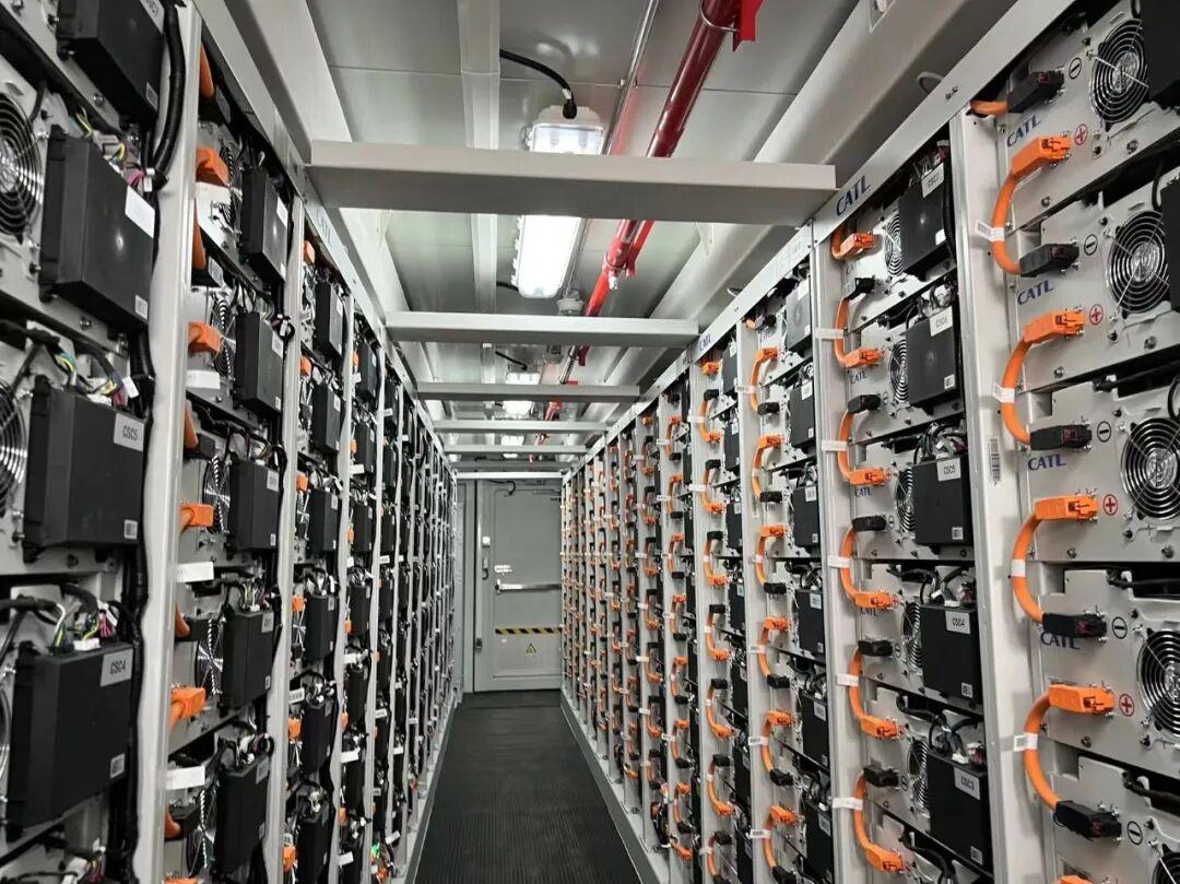 Rows of battery racks in a large energy storage system