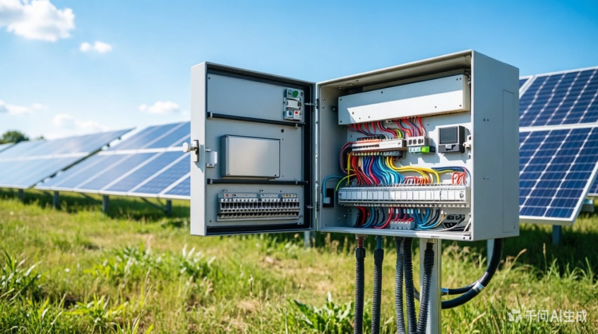 Photovoltaic combiner box installed near solar panels