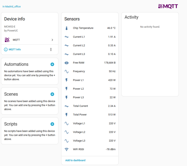 Home Assistant device page showing the PowerUC MCW02-E and its MQTT entities