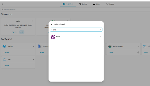 Home Assistant Integrations dialog with MQTT selected