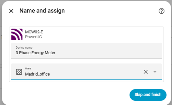 Home Assistant Name and assign dialog for the discovered PowerUC MCW02-E device