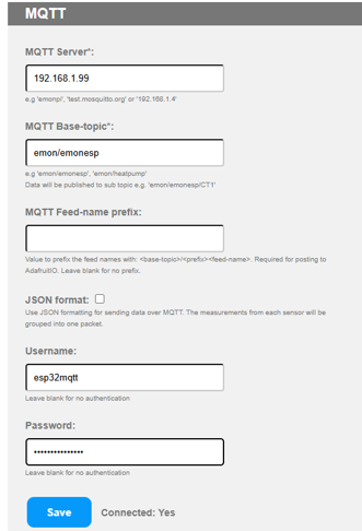 MCW02-E web interface showing MQTT server, base-topic, username and password settings