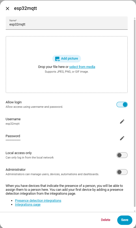 Home Assistant screen for creating a dedicated MQTT user named esp32mqtt